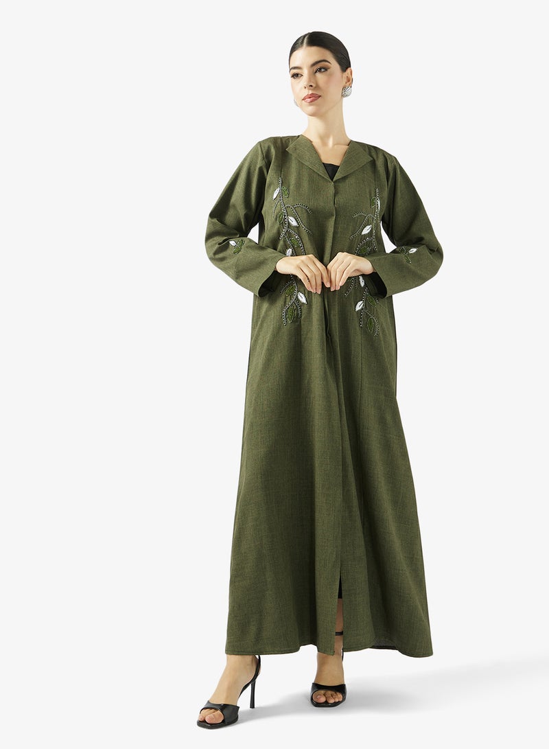 hayas closet Floral Embellished Open Front Lapel Collar Abaya - Image 5